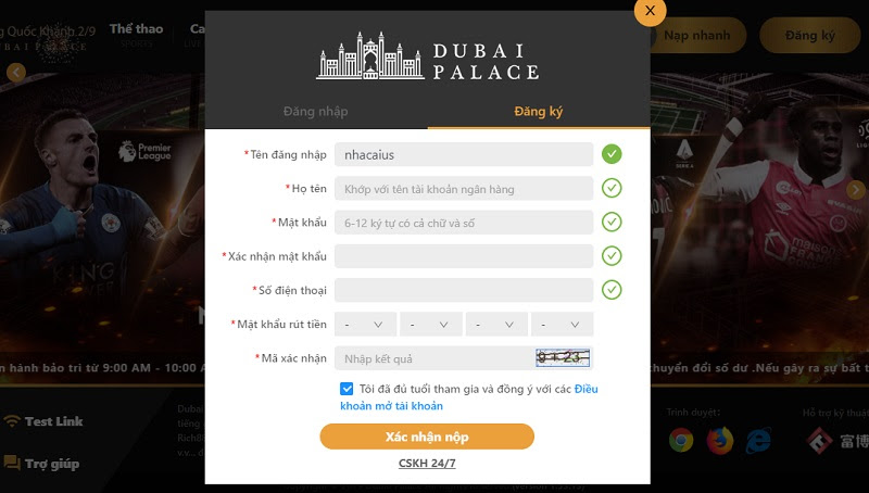 Đăng ký tài khoản nhanh chóng tại nhà cái Dubai Palace