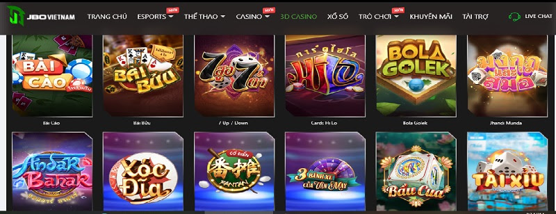 Một số kèo cược Casino 3D của nhà cái JBO