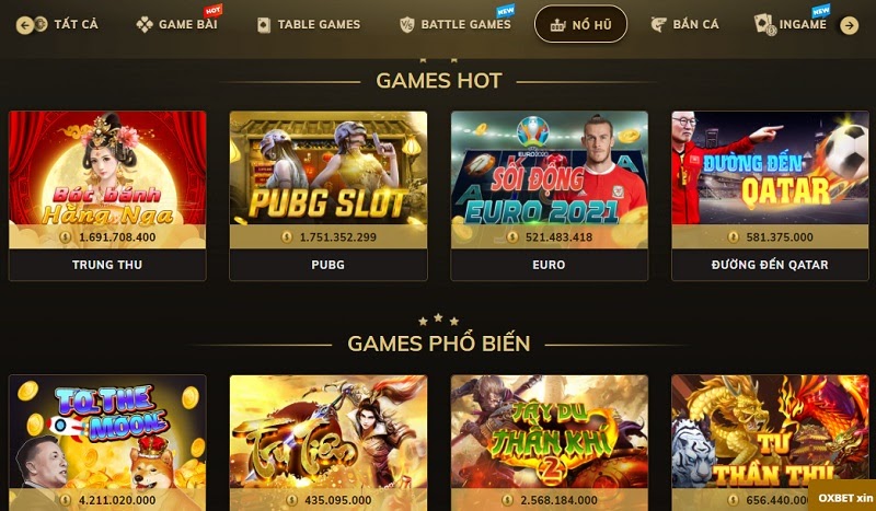 Các tựa game slots hot hit tại Oxbet